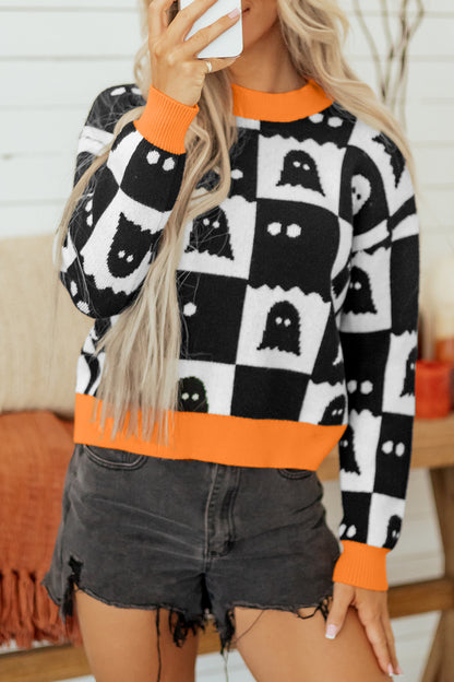 Halloween Ghost Print Checkerboard Knit Sweater