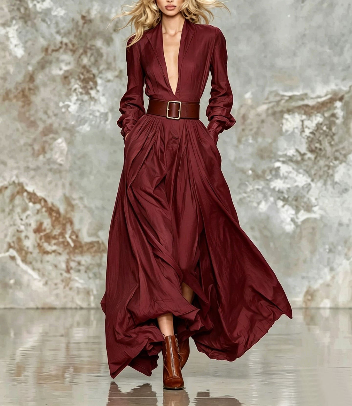 Women Belted Maxi Dress Long Sleeve A-Line Flowy Elegant