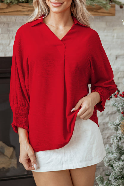 Red V Neck Collared Blouse Loose Fit Smocked Sleeve