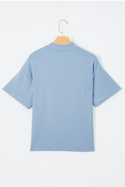Dark Blue Oversized Mock Neck Tee Casual Relaxed Top