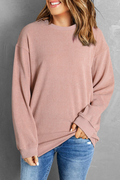 Customizable Solid Ribbed Knit Round Neck Casual PulloverSweatshirt