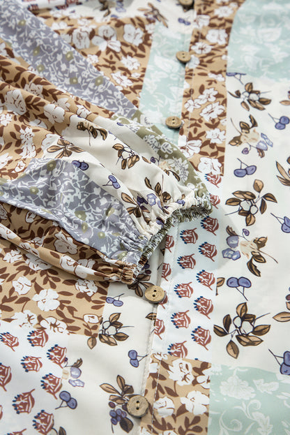 Floral Patchwork Print Button Front Puff Sleeve Blouse