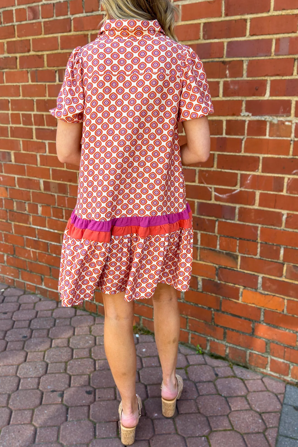 Orange Geometric Print Button Front Ruffle Hem Mini Dress