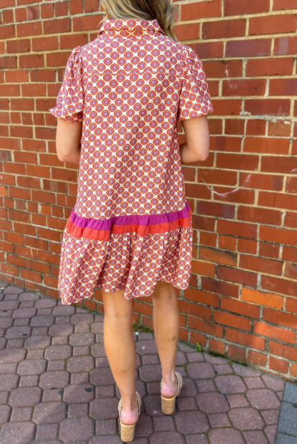 Orange Geometric Print Button Front Ruffle Hem Mini Dress