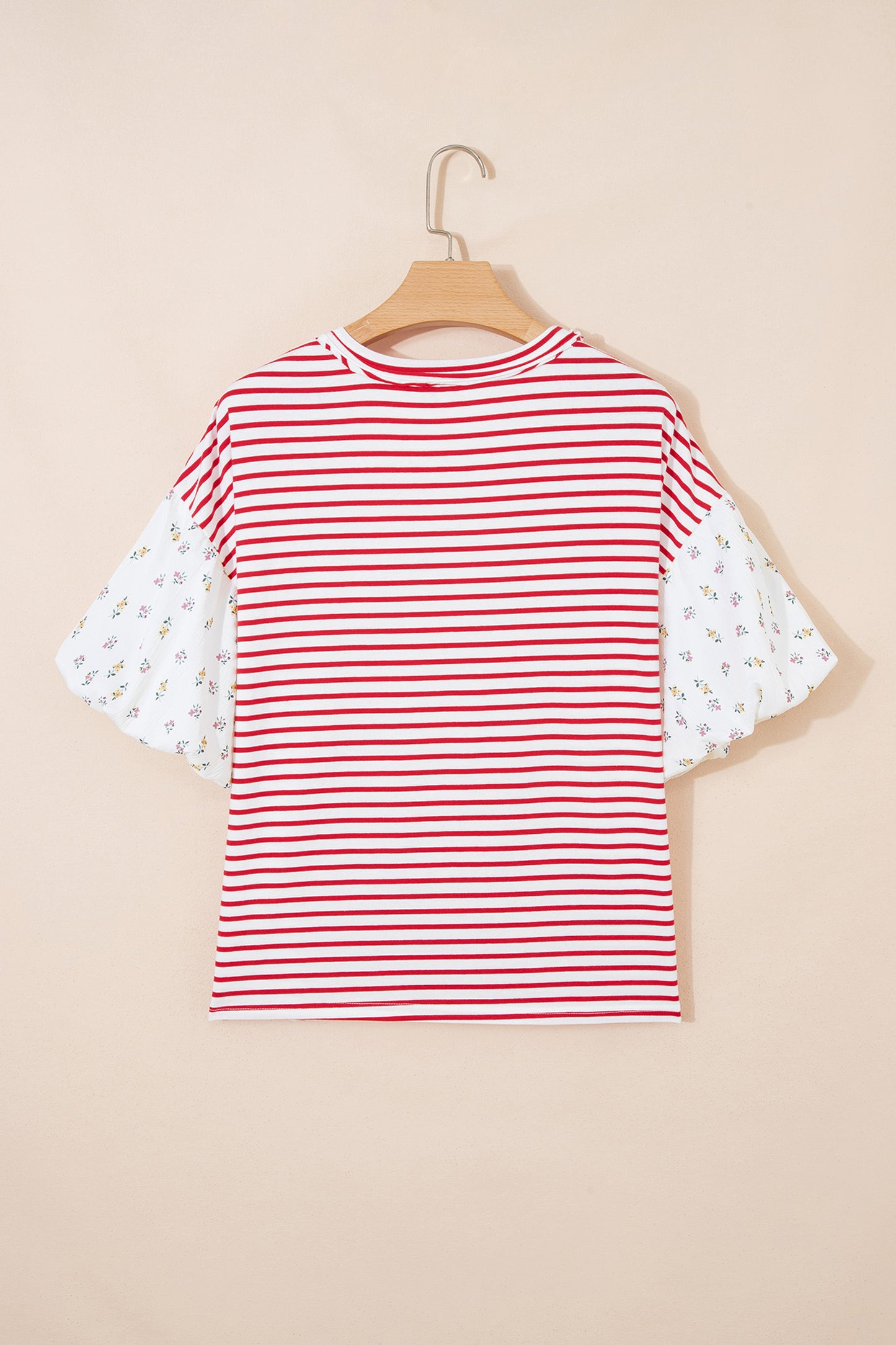 Striped Floral Patchwork Puff Sleeve Loose Casual Top