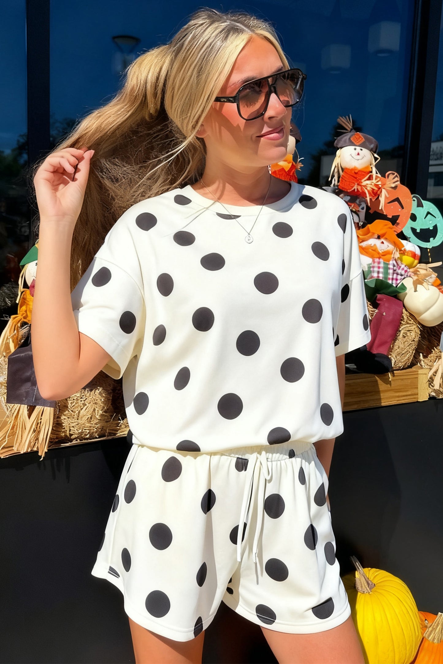 Polka Dot Lounge Set Tee and Drawstring Shorts Set