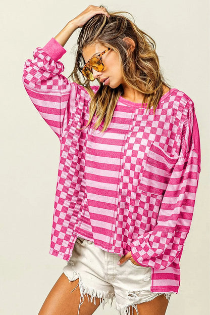 Checkerboard Striped Patchwork Lantern Sleeve Pocketed Blouse