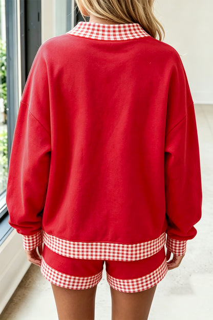Red Gingham Trim Sweatshirt Shorts Two Piece Set