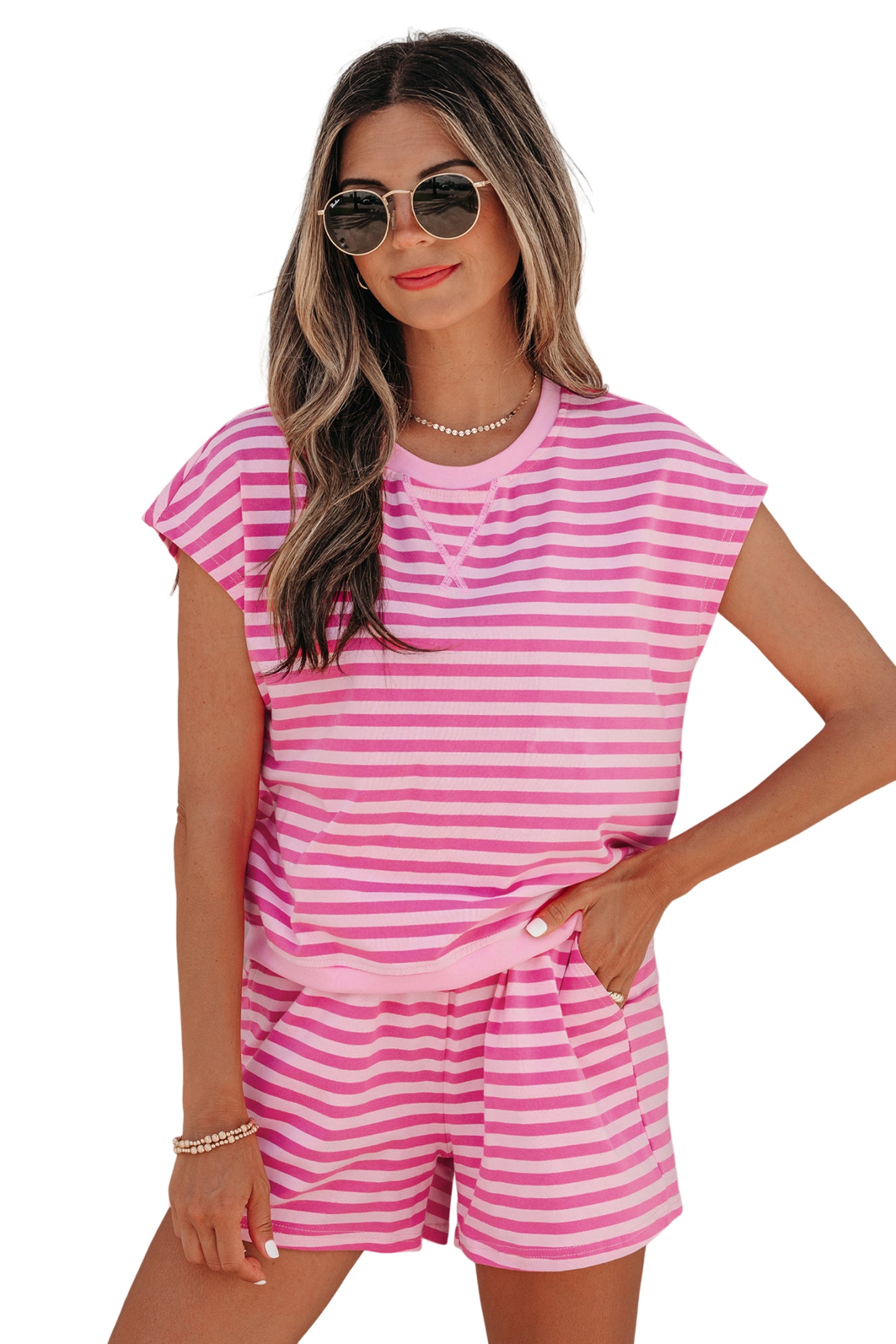 Pink Stripe Cap Sleeve Top and Elastic Waist Shorts Set