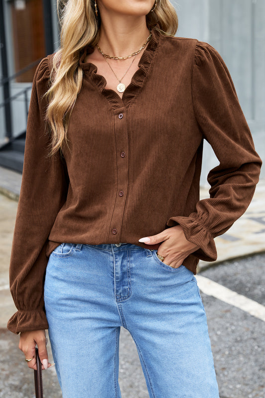 Coffee Corduroy Ruffle V Neck Button Shacket