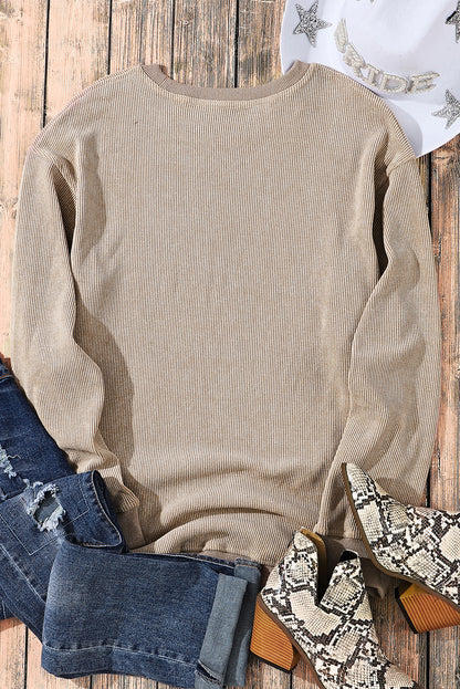 Ribbed Knit Pullover Sweatshirt Oversized Crew Neck