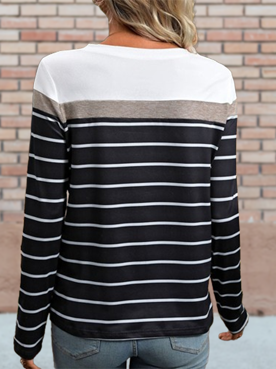 Long Sleeve Striped Top with Splicing Design for Women