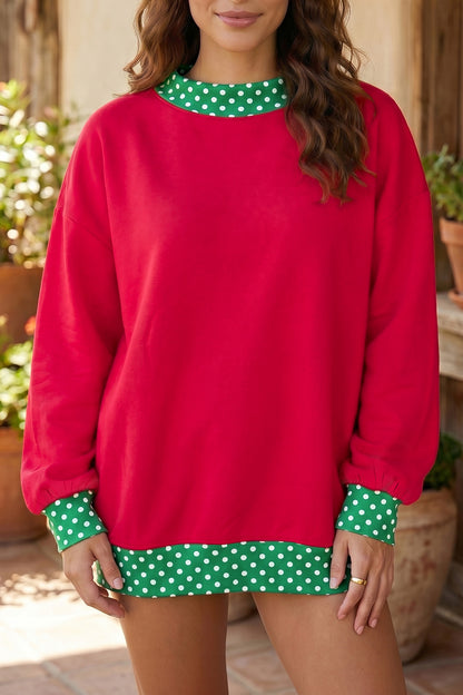 Red Polka Dot Trim Oversized Colorblock Sweatshirt