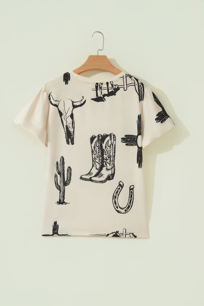 Beige Western Graphic Cowboy Boots Cactus Vintage Tee
