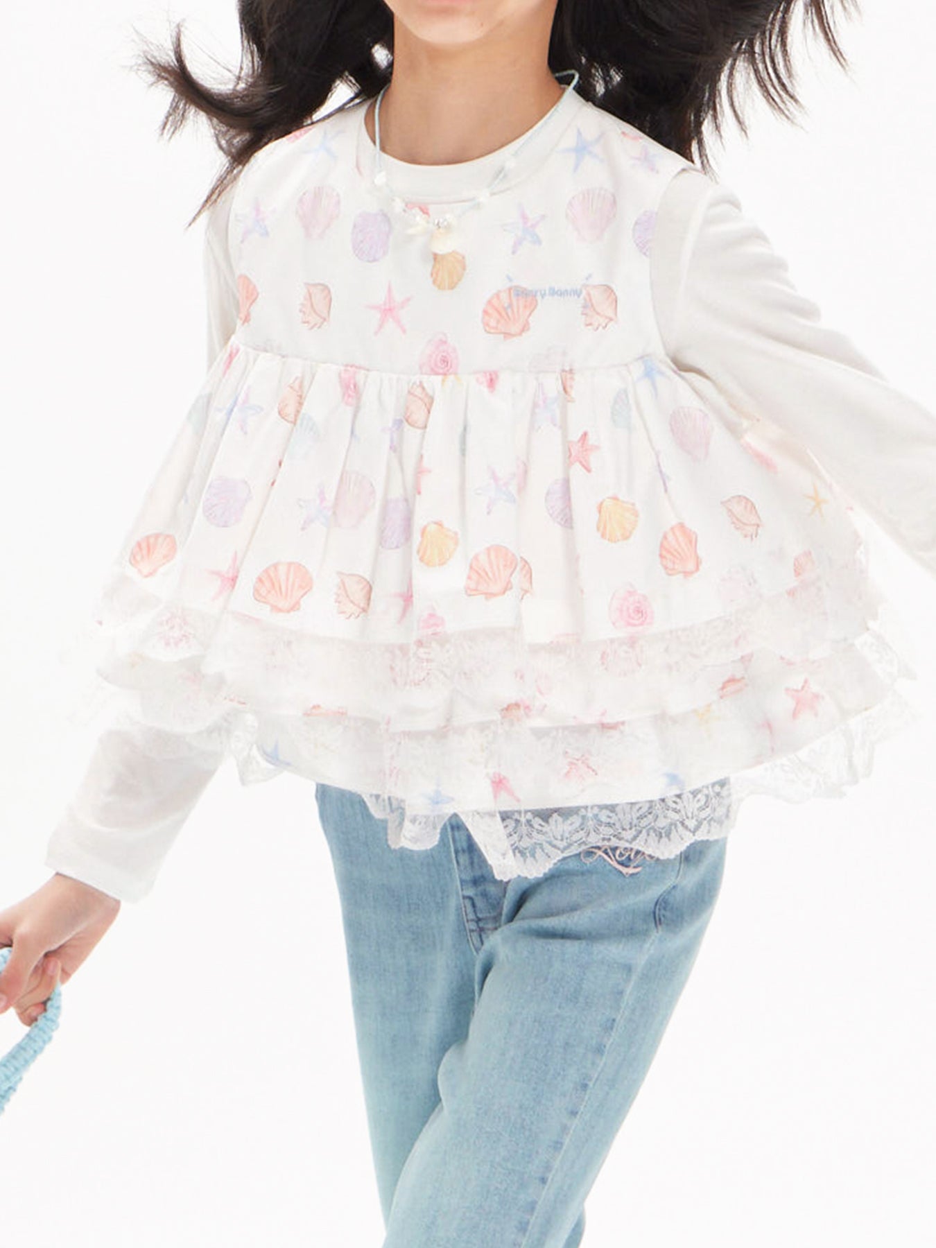 Girls Lace Layered Seashell Print Sleeveless Vest Top