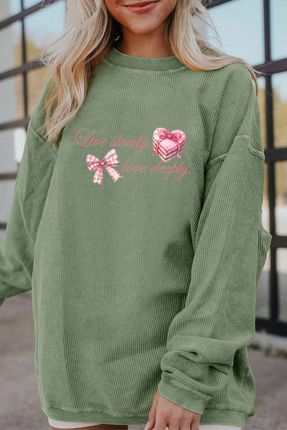 Valentine Bow Heart Corduroy Ribbed Oversized Sweatshirt