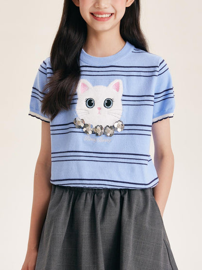 Girls Cartoon Cat Knit Top Short Sleeve Blue Tee