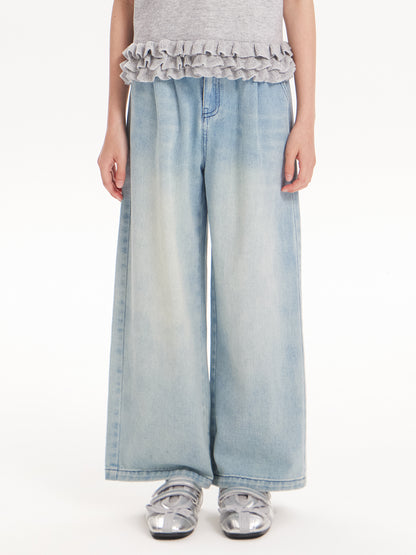 2025 Spring Girls Washed Straight Leg Denim Jeans | Solid Color Long Pants