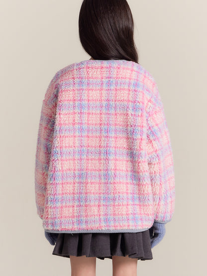 Girls Pink Plaid Sherpa Fleece Jacket Warm Winter Coat