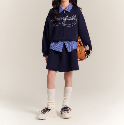 Girls Navy Zip Jacket and Wide Leg Elastic Waist Pants