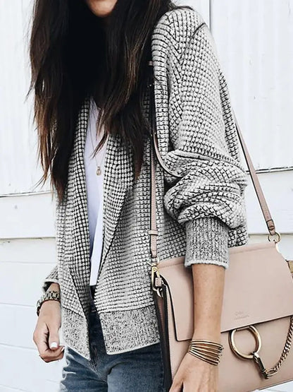 Contrast Trim Plaid Open-Front Knit Cardigan