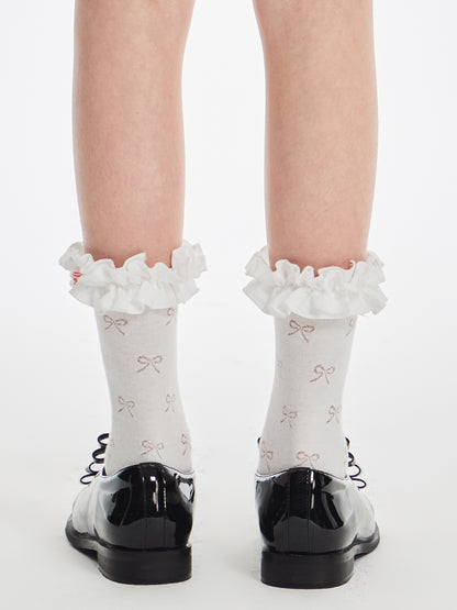 Girls Ruffle Lace Bowknot Socks Breathable Cotton Mid Calf