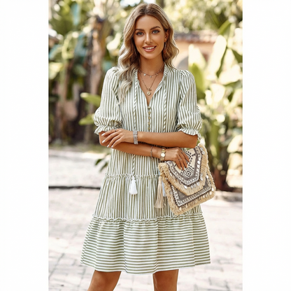 Stripe V Neck Button Puff Sleeve Tiered Mini Dress
