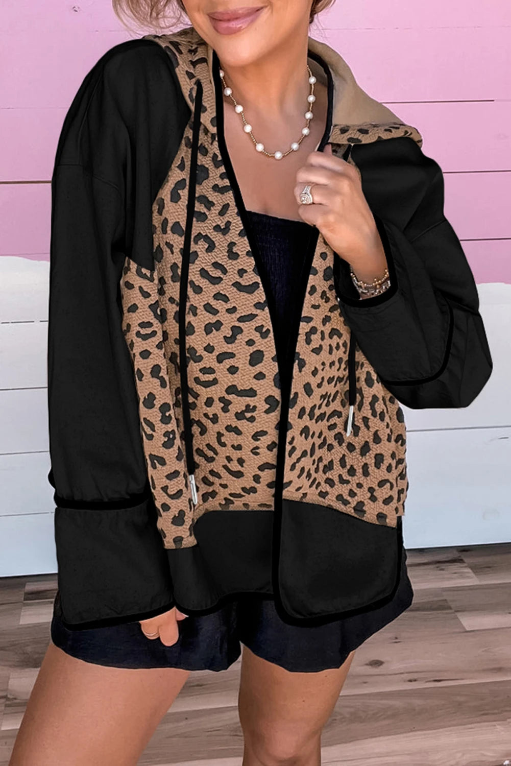 Brown Leopard Star Hooded Patchwork Contrast Piping Open Front Jacket