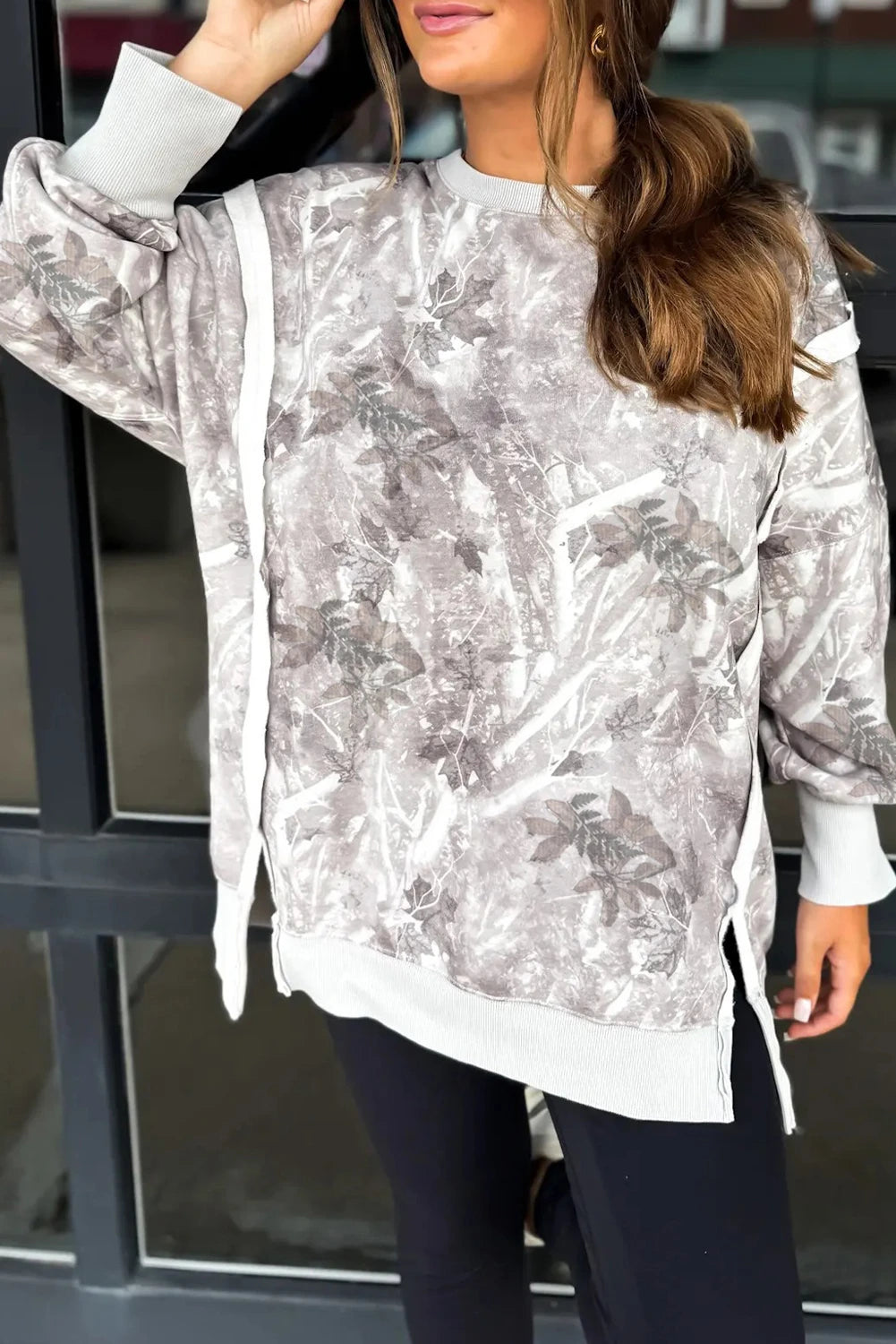 Gray Leafy Camo Print Exposed Seam Patchwork Baggy Slit Sweatshirt