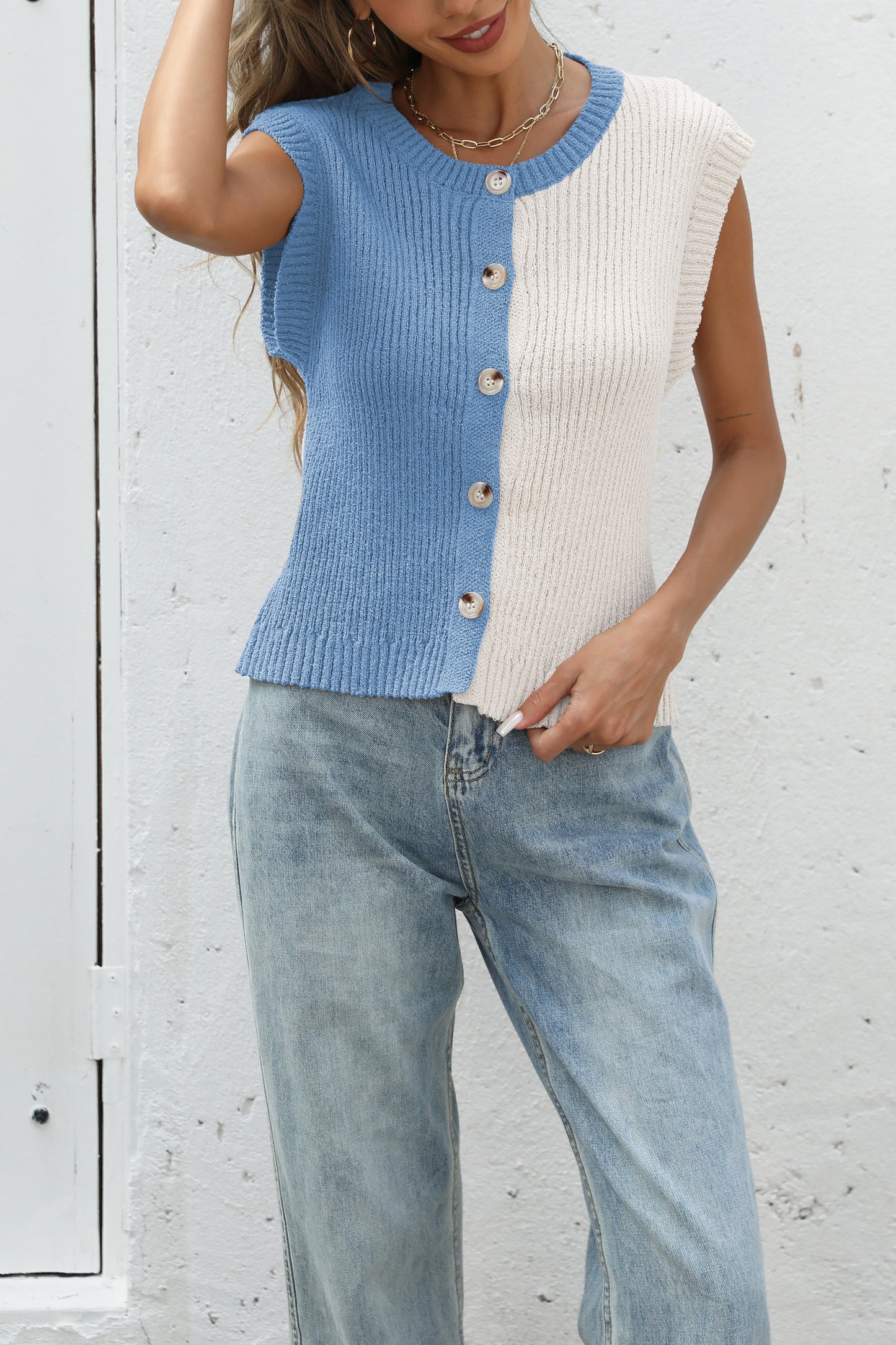 Color Block Knit Button Front Sleeveless Sweater Top