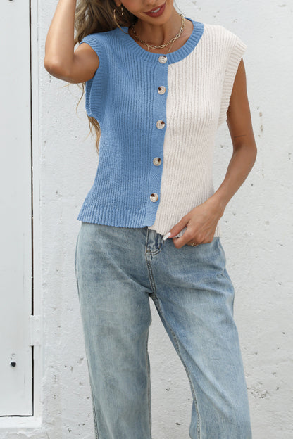 Color Block Knit Button Front Sleeveless Sweater Top