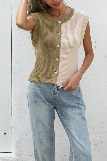 Color Block Knit Button Front Sleeveless Sweater Top