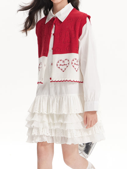 Girls White Ruffle Shirt Dress with Collar and Heart Pocket