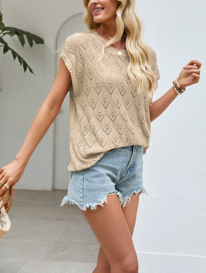 Womens Hollow Knit Top Crew Neck Cap Sleeve Summer Sweater