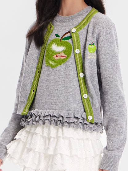 Girls Knit Cardigan Sweater with Apple Embroidery