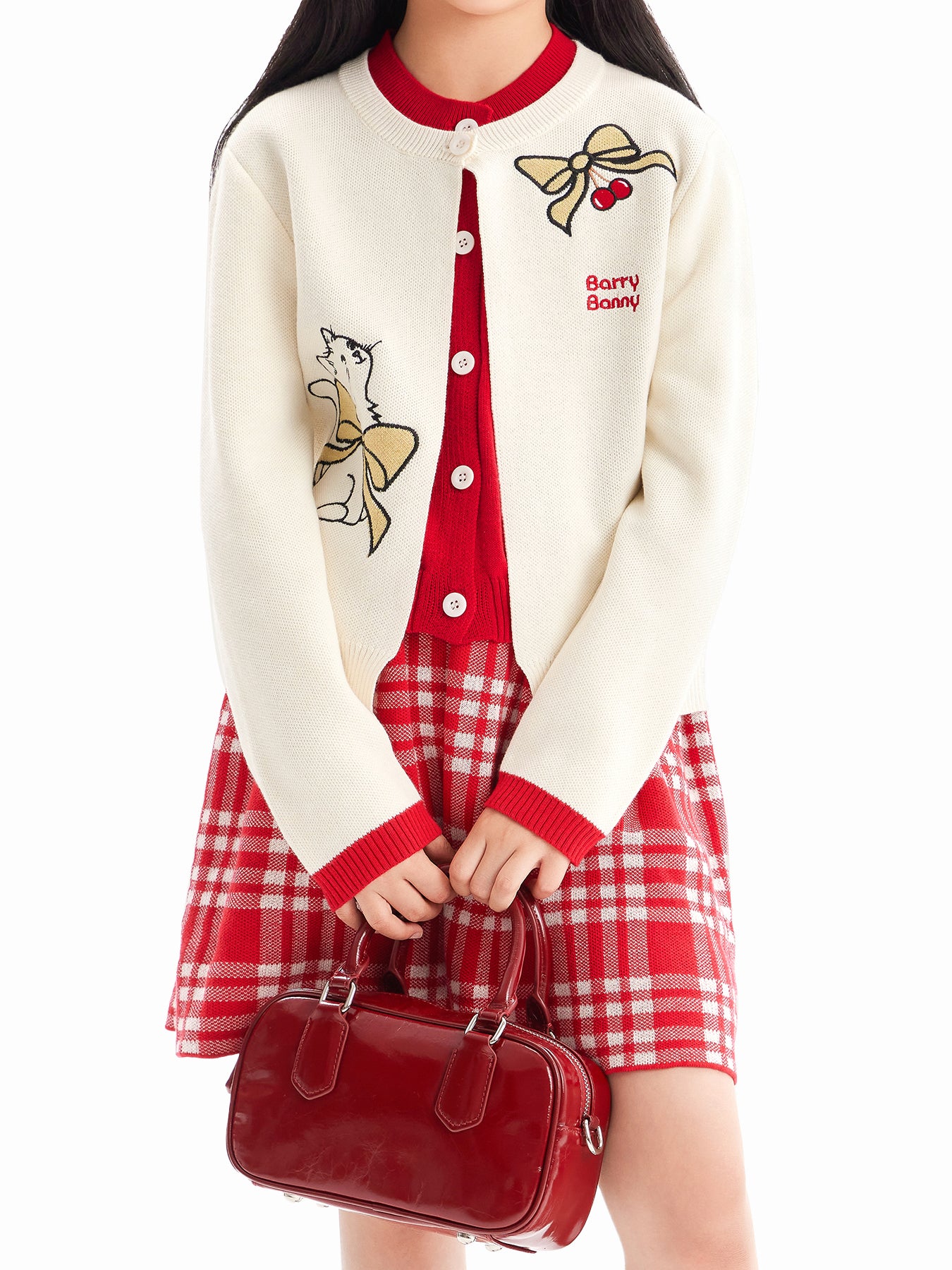Charming Cat Knitted Cardigan & Red Plaid Pleated Skirt Set for Girls