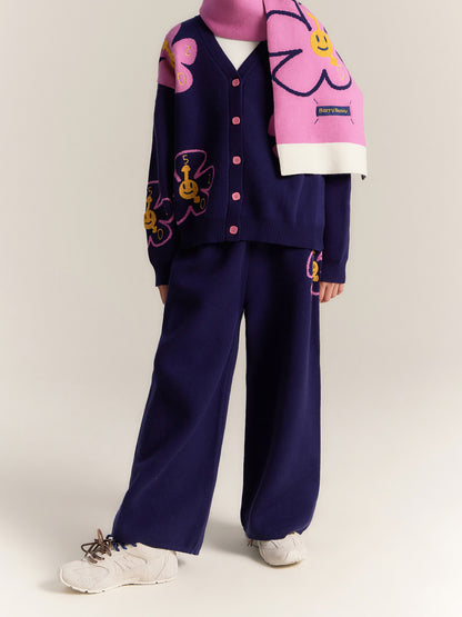 Kids Flower Knit Cardigan and Wide Leg Pants Set
