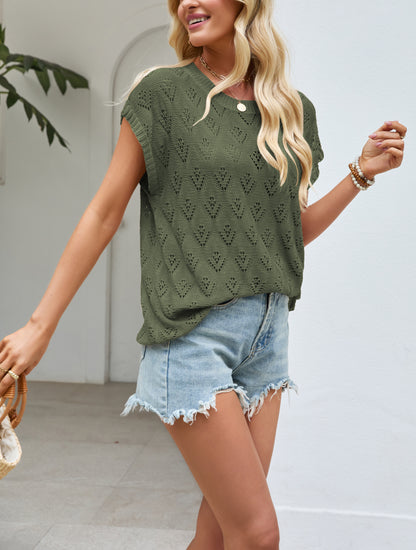Womens Hollow Knit Top Crew Neck Cap Sleeve Summer Sweater