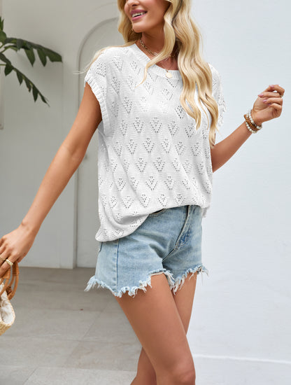 Womens Hollow Knit Top Crew Neck Cap Sleeve Summer Sweater