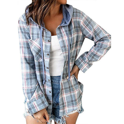 Hooded Plaid Button-Up Jacket - Casual Oversized Shacket