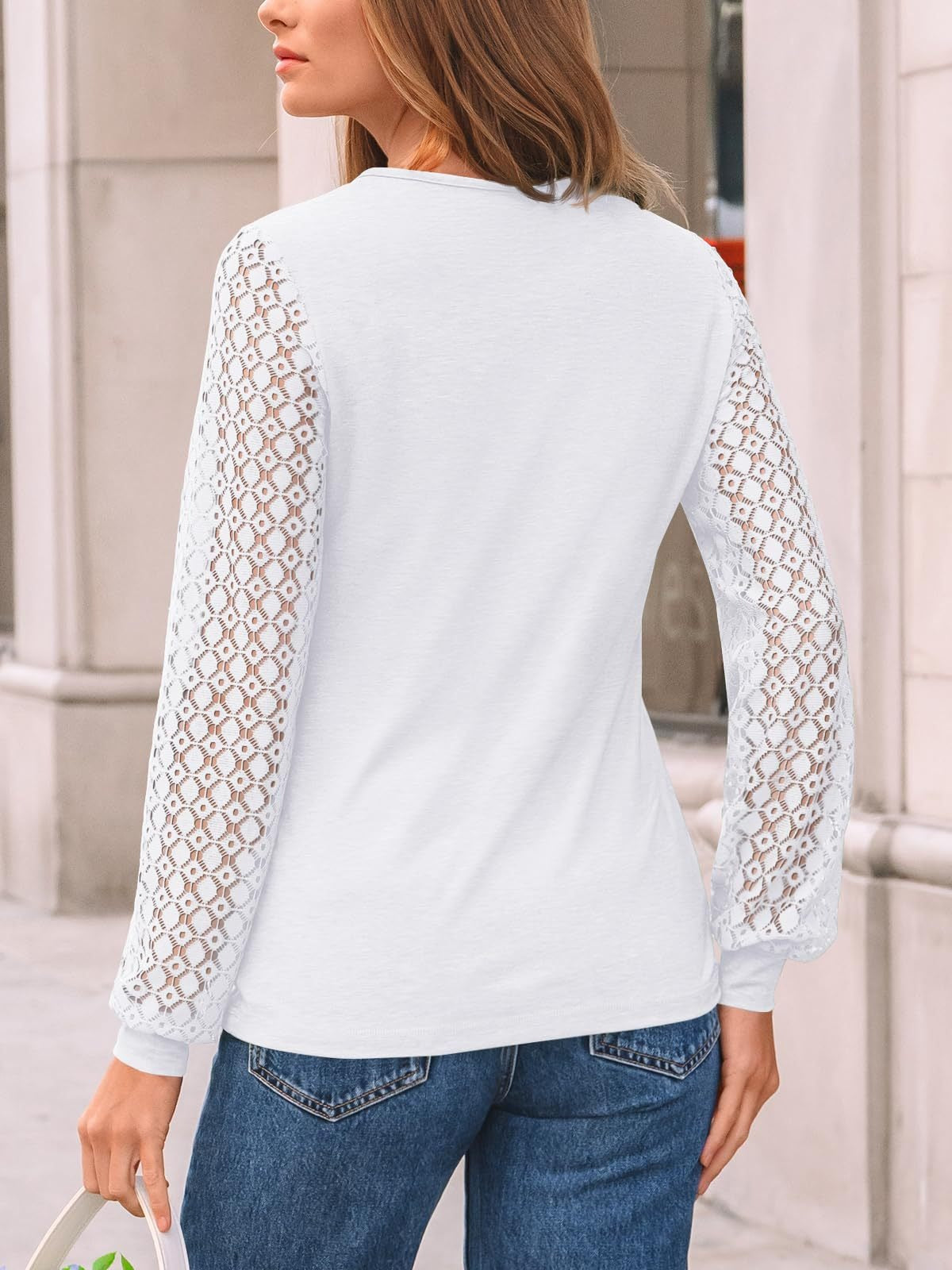 Lace Sleeve Patchwork Knit Pullover Top for Women