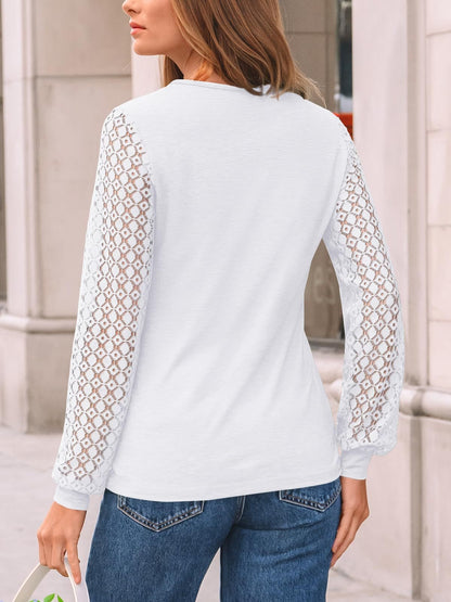 Lace Sleeve Patchwork Knit Pullover Top for Women