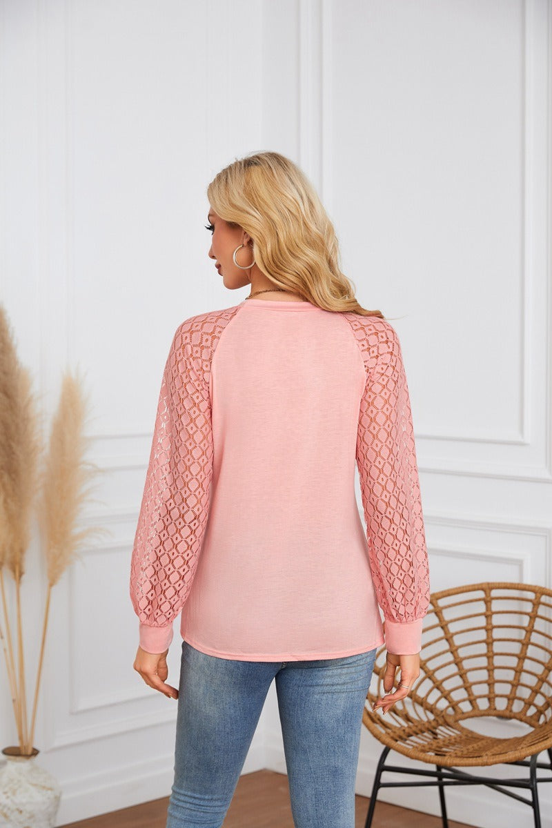 Lace Sleeve Pleated Blouse - Round Neck Long Sleeve Top