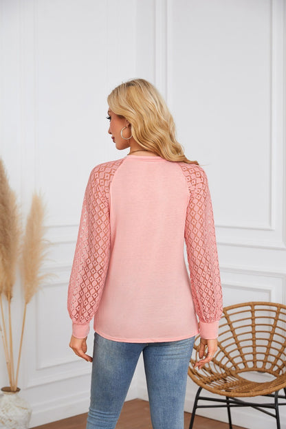 Lace Sleeve Pleated Blouse - Round Neck Long Sleeve Top