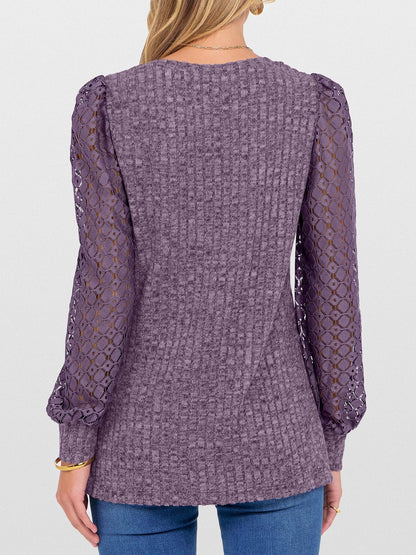 V-Neck Knit Top with Lace Puff Long Sleeves
