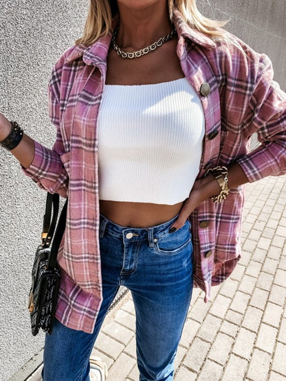Beige Plaid Oversized Shacket Wool Blend Button Down Jacket