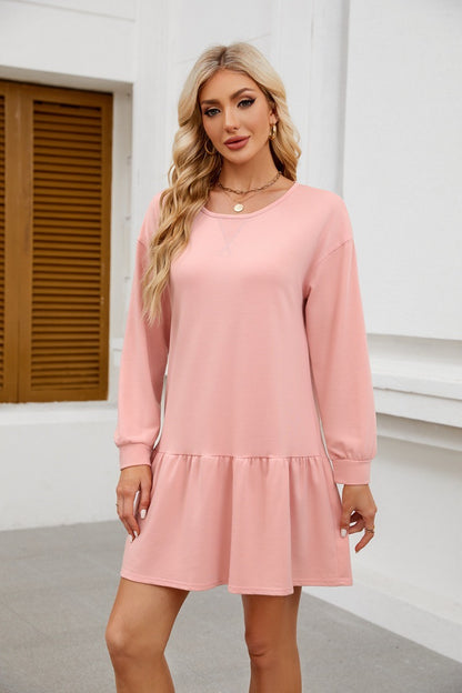 Long Sleeve Sweatshirt Dress - Casual Crewneck Pullover