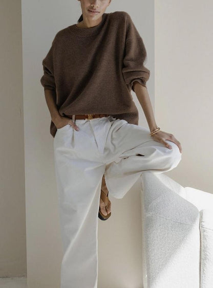 Cozy Solid Crewneck Knit Sweater for Women Fall Winter