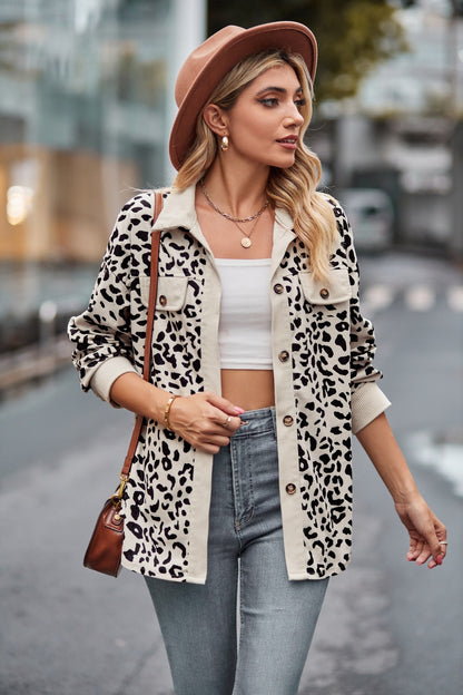 Leopard Print Corduroy Button Down Oversized Shirt Jacket