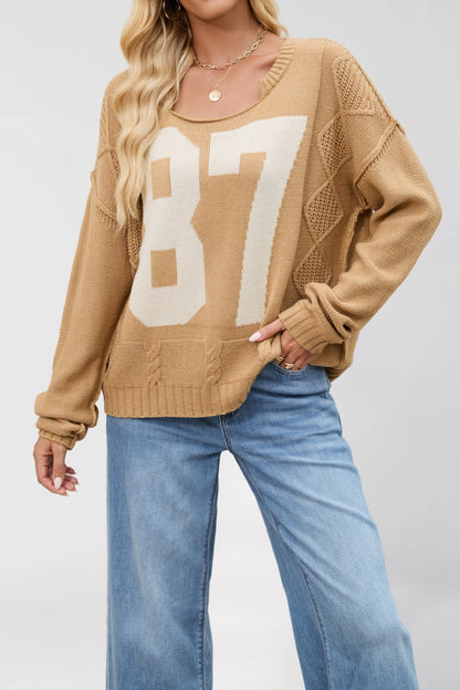 Varsity Number Knit Sweater - Oversized Pullover Top